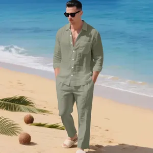 Ensemble Deux Pièces Décontracté en Mélange de Lin pour Hommes Chemise à Manches Longues et Pantalon Coupe Ample Uni