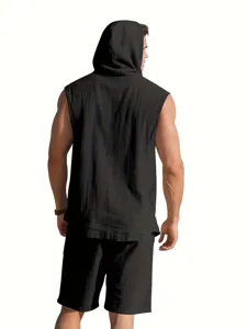 Detail view of the men casual linen hooded sleeveless top and shorts set showing fabric texture.