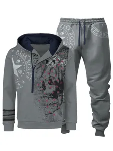Chándal gris de hombre sudadera con media cremallera pantalones estampado urbano.