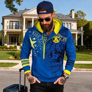 Men's hip hop print hooded half-zip casual sports sweatshirt with stylish skull design.