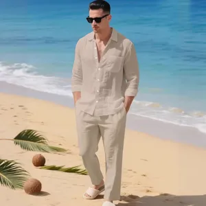 Ensemble deux pieces decontracte en lin pour homme, chemise manches longues et pantalon de plage.