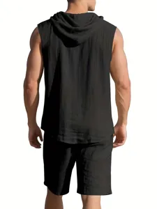 Back detail view of casual black sleeveless hooded shirt and matching shorts outfit.