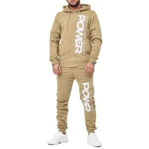 Survêtement décontracté pour homme kaki avec sweat à capuche zippé et pantalon imprimé.