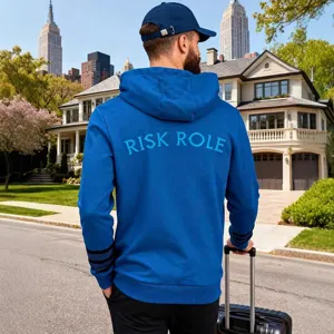 Men's blue hooded sweatshirt with back letter print, casual long sleeve streetwear hoodie for daily wear.