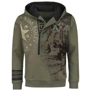 Men's half-zip hooded sweatshirt with skull and star graphic streetwear casual hoodie