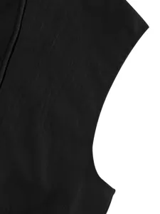 Close-up detail of black linen hooded sleeveless top, breathable fabric texture design.