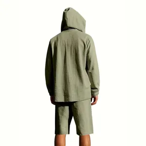Men's loose linen casual hooded long sleeve and shorts set for summer beach wear active.