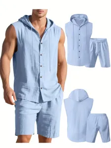 Detail view of men's summer casual hooded sleeveless shirt and shorts set in light blue color.