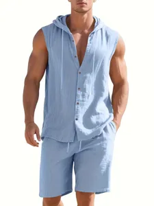 Detail shot of men's casual linen hooded sleeveless shirt and matching shorts summer outfit.