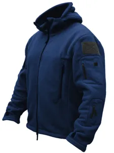 Detailed view of men's fleece tactical hooded jacket, solid blue color, warm pocket design.