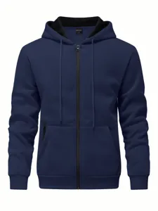 Vue détaillée du sweat à capuche zippé pour homme en bleu foncé avec doublure polaire chaude.