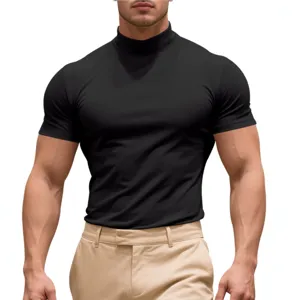 Men's slim fit mock neck short sleeve t-shirt casual summer basic solid color top black