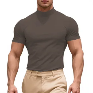 Men's Slim Fit Mock Turtleneck Short Sleeve T-Shirt Casual Summer British Style Dark Brown