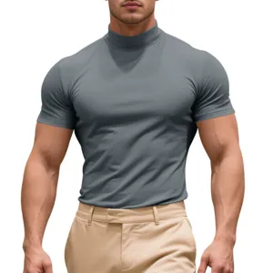 Men's summer elastic slim-fit mock neck short-sleeve T-shirt, casual British basic daily top.