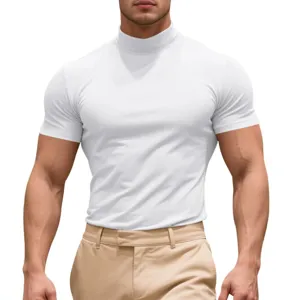 Men's short sleeve mock neck slim fit t-shirt summer casual white tee breathable top