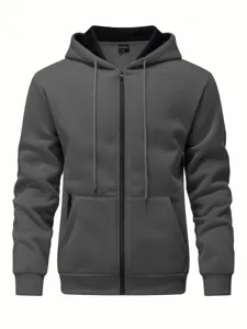 Sweat à capuche zippé gris foncé pour homme avec doublure polaire et poches avant.