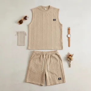 Men's casual knitted vest and shorts set summer beige sleeveless two piece outfit chic.