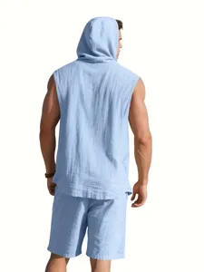Men's casual linen hooded sleeveless shirt shorts two piece set loose summer sportswear