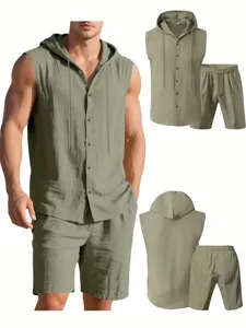 Men linen two piece set summer casual hooded sleeveless shirt and shorts outfit activewear