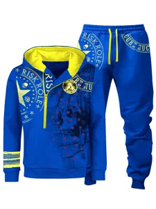 Detalle en primer plano del chándal azul y amarillo vibrante con gráficos impresos.