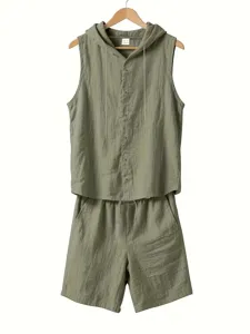 Men's casual linen sleeveless hooded shirt and shorts set detail, breathable summer wear.