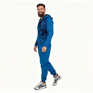 Conjunto de sudadera con capucha y cremallera azul y pantalón de chándal casual para hombre.