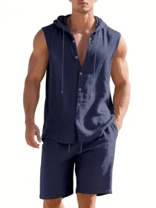Detail view of men's casual linen hooded sleeveless shirt and shorts summer two-piece set