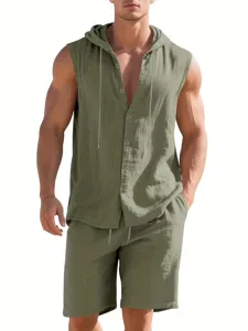 Men's casual summer linen two-piece set, sleeveless hooded shirt and matching shorts.