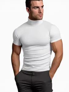 Maglietta sportiva a compressione a maniche corte con collo alto da uomo fitness top