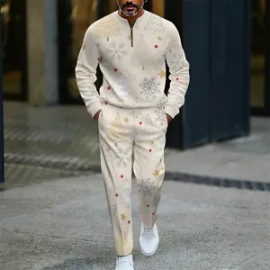 Men Christmas Print Quarter-Zip Sweatshirt and Pants Set Holiday Casual Two-Piece Outfit