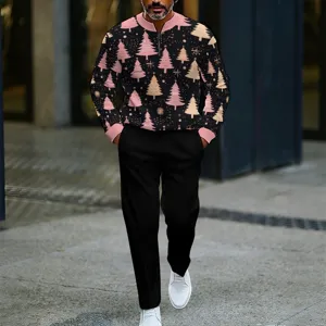Men's Christmas print stand-up collar sweatshirt and trousers casual outfit detail view.