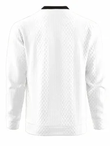 Men's long sleeve knit sweatshirt detail showing textured pattern and black collar trim.