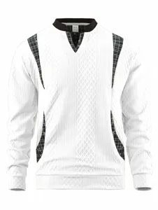 Stylish mens long sleeve casual pullover sweatshirt with unique plaid patchwork for daily wear.