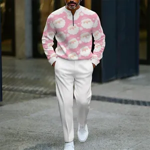 Detailed view of men's Christmas Santa print stand collar sweatshirt and white pants set.