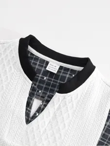 Men's casual long sleeve sweatshirt with cable knit texture, black rib collar and plaid lining.