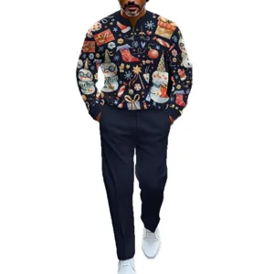 Men's Christmas half-zip stand collar sweatshirt and long pants set with cute snowman print.