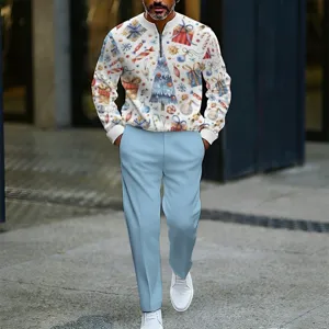 Christmas theme print stand collar sweatshirt pants set detail shot outdoor street view.