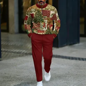 Detailed view of men's vintage Christmas theme zip-collar sweatshirt and red trouser set.