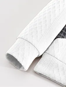 Men's white textured long sleeve sweatshirt detail view, casual apparel close-up shot.