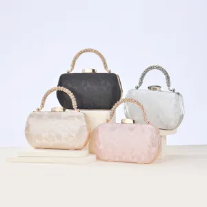 Bolso de Noche de Satén Elegante para Mujer Bolso de Mano con Asa de Diamantes de Imitación Lujo Boda Fiesta Champagne