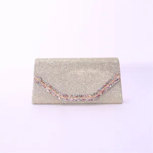 Gold sequin evening clutch bag with colorful rhinestone detail, elegant wedding party purse.