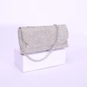 Silver rhinestone evening clutch bag with chain strap elegant party shoulder bag