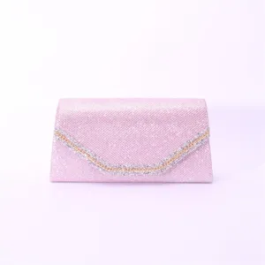 Pink glitter evening clutch bag with rhinestone and chain decoration for women wedding party.