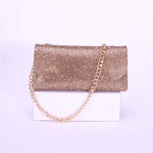 Rhinestone evening clutch bag with gold chain strap, perfect for party and wedding events.