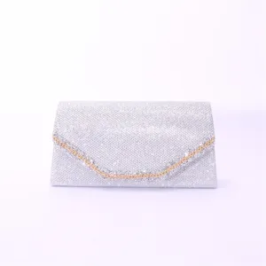 Silver glitter evening clutch bag with gold chain strap for women weddings parties