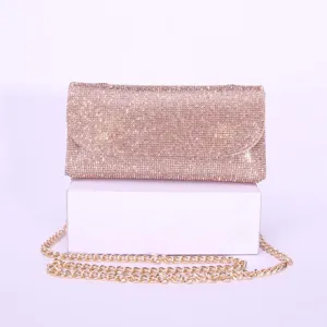 Sparkling rhinestone evening clutch bag with gold chain strap elegant party crossbody bag