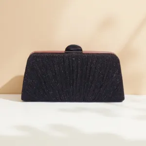 Elegant black glitter evening clutch bag with pleated texture and stylish top clasp design.