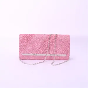 Elegant pink glitter evening clutch bag with silver chain strap for women parties weddings