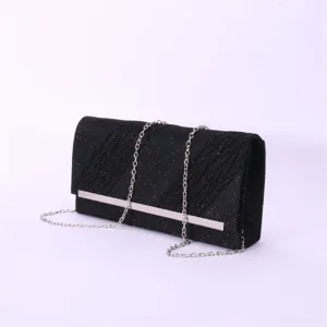 Black glitter evening clutch bag with silver chain, elegant party shoulder handbag for women.