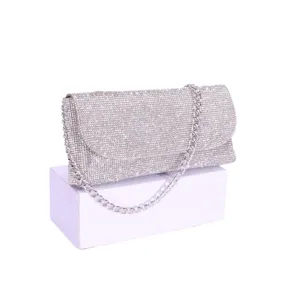 Elegant silver rhinestone evening clutch bag with metal chain for party wedding prom events.